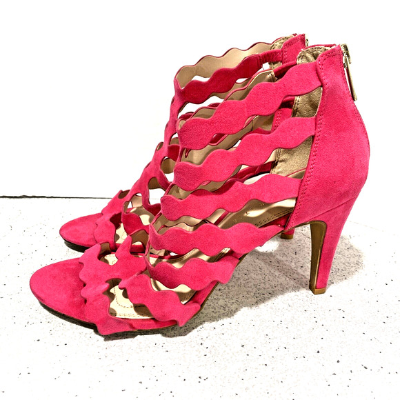 Kelly & Katie Zilama Hot Pink Faux Suede High Heel Sandals Back Zip Shoes 8.5MU - Picture 2 of 9